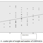 Figure 4: scatter plot of weight and number of Lernaea Cyprinacea Lesions in common carp.