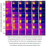 Figure 3: Thermal images of suspended phantom including different concentrations (6.25, 12.5, 25, 50, 100 µg/ml) of SiGNR irradiated by 810 nm, 2W/cm-2 for 150 s. Low concentrations show uniform thermal distribution only in gels, but for high concentrations it is not uniform, and there is some temperature transfer to the air at the top of the gel surface.