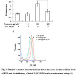 Figure 3: Ethanol extract of Annona muricata leaves increases the intracellular level of ROS and the inhibitory effect of NAC. ROS level was determined using (A) fluorescence intensity measurement and (B) flow cytometry analysis. DCFH-DA was used as the molecular probe. **P