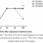 Figure 2: The effect of 10 and 20 mg/kg aripiprazole on morphine antinociception in the tail flick test; (n=6, ***P< 0.001 compared to morphine-saline group), M=morphine.