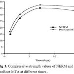 Figure 3: Compressive strength values of NERM and ProRoot MTA at different times.
