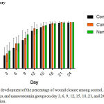Figure 1: The development of the percentage of wound closure among control, Curcuma longa, and nanocurcumin groups on day 3, 6, 9, 12, 15, 18, 21, and 24 after wound induction.