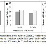 Figure 1: Embryo development from fresh oocytes (black), vitrified oocytes by sucrose media (dark grey), vitrified oocytes by trehalose media (mid grey) and vitrified oocytes by Kitazato media (light grey). A. Sucrose vs Kitazato, B. Trehalose vs Kitazato and C. Sucrose vs trehalose