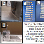 Figure 4: Shear Bond Strength testing; A: specimen positioned in the clamp; B: close picture of the testing; C: polycarbonate specimens after testing; D: heat cured acrylic specimens after testing; E: injectable acrylic specimens after testing; F and G: custom made aluminum holder