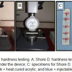 Figure 5: Shore D. hardness testing. A: Shore D. hardness testing device; B: the specimen placed under the device; C: specimens for Shore D. hardness test (red + polycarbonate, black + heat cured acrylic, and blue + injectable acrylic specimens)