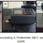 Figure 6: Surface roughness testing. A: Profilometer; B& C: specimen testing at different points.