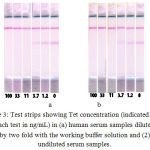 Figure 3: Test strips showing Tet concentration (indicated under each test in ng/mL) in (a) human serum samples diluted by two fold with the working buffer solution and (2) undiluted serum samples.