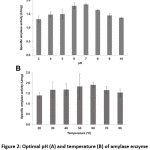 Figure 2: Optimal pH (A) and temperature (B) of amylase enzyme activity from Bacillus sp. 3.5AL2