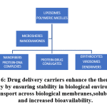 Figure 6: Drug delivery carriers enhance the therapeutic efficacy by ensuring stability in biological environment, transport across biological membranes, solubility and increased bioavailability.