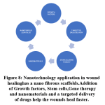 Figure 8: Nanotechnology application in wound healing has a nano fibrous scaffolds. Addition of Growth factors, Stem cells,Gene therapy and nanomaterials and a targeted delivery of drugs help the wounds heal faster.