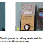 Figure 1: a) Egg incubator b) Mobile phone in calling mode and the Trifield meter c) Developing chick embryo showing blood vessels and the membranes