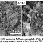 Figure 2(a): FE-SEM images for ZnO/Ag nanoparticles (AZO-1) synthesized by single step procedure at the scale of 1 um and 500 nm.