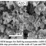 Figure 2(b): FE-SEM images for ZnO/Ag nanoparticles (AZO-2) synthesized by double step procedure at the scale of 1 μm and 500 nm